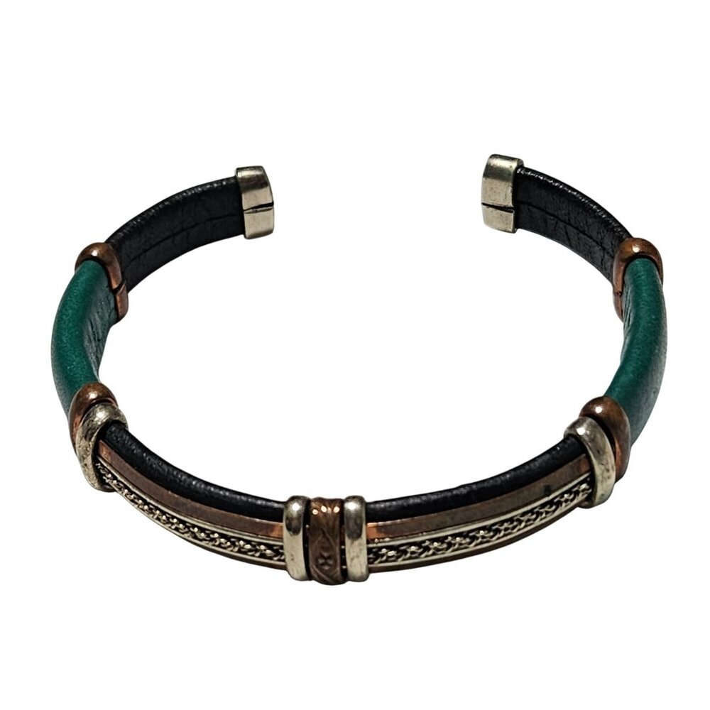 Leather Cuff Bracelet  Copper Silver Toned Black Green Accents Jewelry Unisex